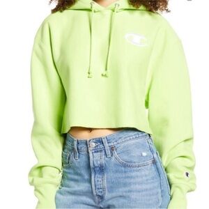 Champion Lime Neon Green Reverse Weave Cropped fleece Hoodie Heavyweight Small